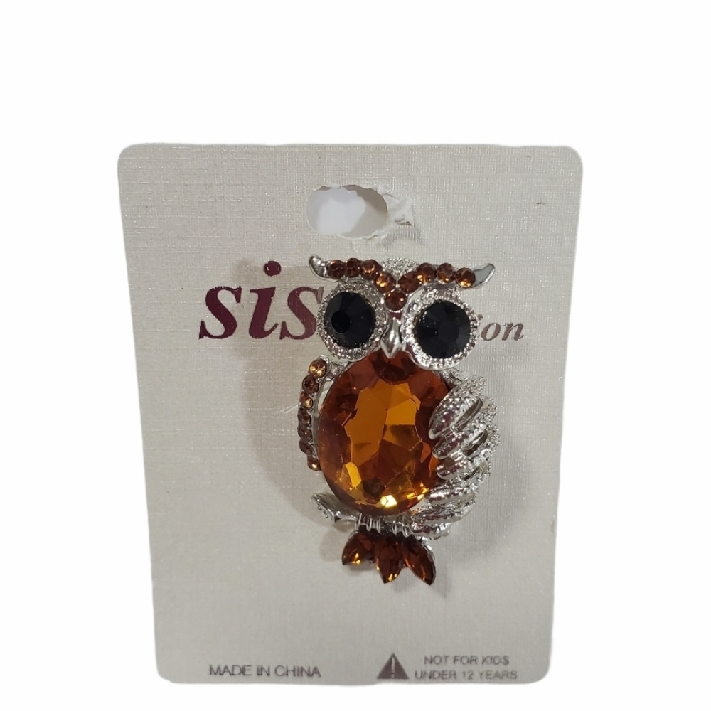 OWL Brooch silver Amber Brown 2" lapel pin *